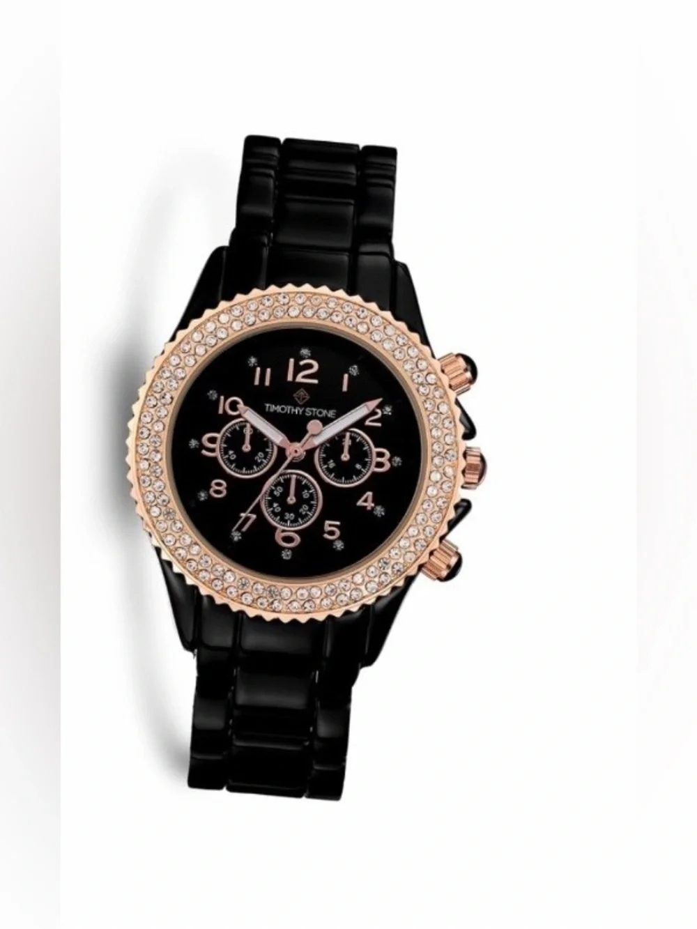 Timothy Stone AMBER CERAMIC BLACK FAUX CERAMIC WATCH Swarovski crystals
